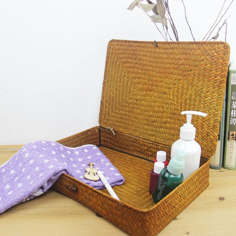 WHISM Rattan fonott tárolódobozok, kézzel készített tárolóedények ékszertároló dobozok, kozmetikai rendszerező fedéllel, szőtt tengerifű tok