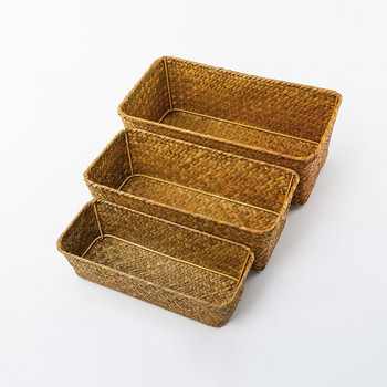 Ръчно тъкана плетена кошница за съхранение Правоъгълна кошница Домашен органайзер за баня Ратанови кутии за съхранение Настолен органайзер за грим Кутия