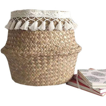 Ръчно изработена бамбукова кошница за съхранение Сгъваема кошница за пране Clthoes Плетена от слама ратанова морска трева Коремна градина Саксия за цветя Кошница за растения