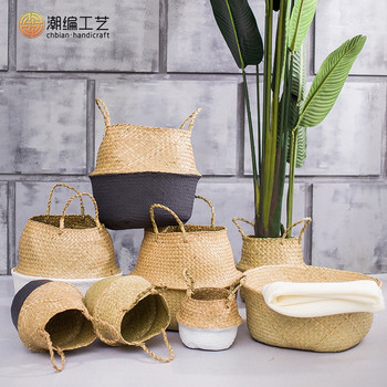 Ръчно изработена бамбукова кошница за съхранение Сгъваема кошница за пране Clthoes Плетена от слама ратанова морска трева Коремна градина Саксия за цветя Кошница за растения