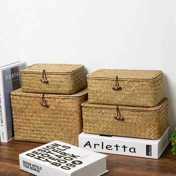 Ръчно изработена правоъгълна плетена кутия за съхранение с капак Кошница за съхранение от плетена слама Кошница за пране Домашно съхранение Разни играчки Органайзер