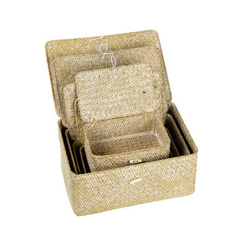 Ръчно изработена правоъгълна плетена кутия за съхранение с капак Кошница за съхранение от плетена слама Кошница за пране Домашно съхранение Разни играчки Органайзер