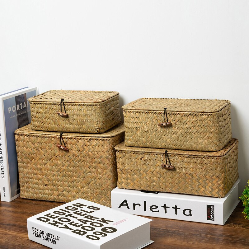 Rankų darbo stačiakampė pintinė laikymo dėžė su dangteliu Austi šiaudiniai laikymo krepšeliai skalbinių krepšelis namų saugojimo įvairios smulkmenos Žaislų organizatorius