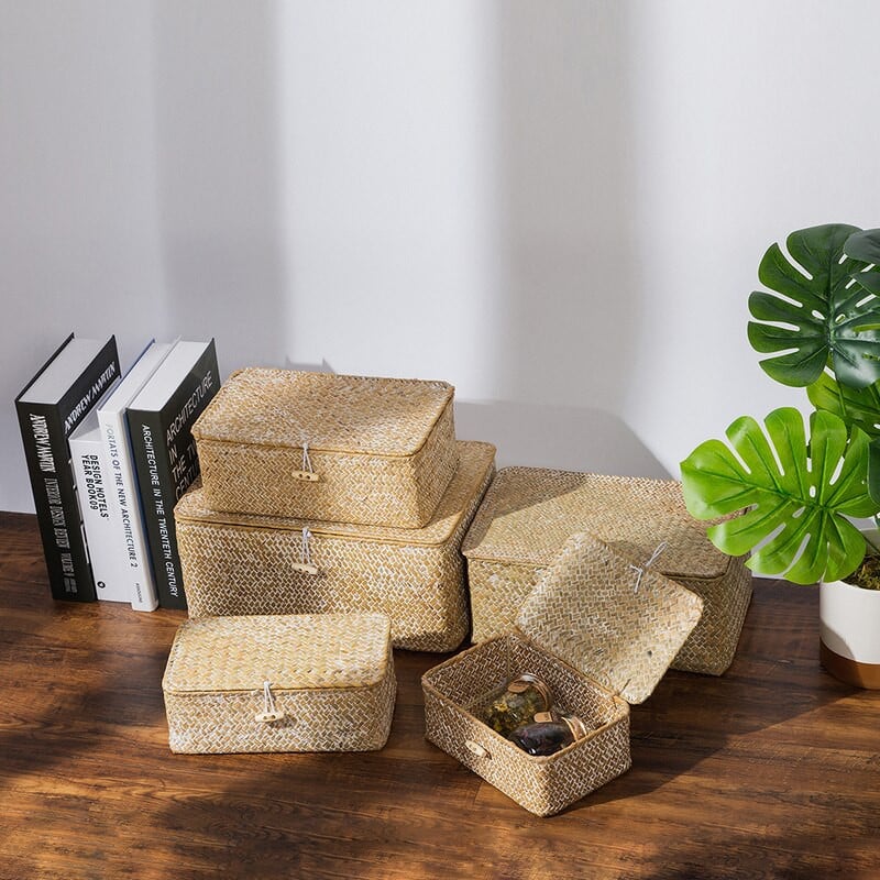 Rankų darbo stačiakampė pintinė laikymo dėžė su dangteliu Austi šiaudiniai laikymo krepšeliai skalbinių krepšelis namų saugojimo įvairios smulkmenos Žaislų organizatorius