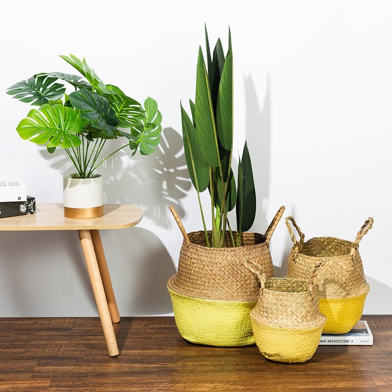 WHISM jūros žolių skalbinių laikymo krepšelis sulankstomas rankų darbo šiaudų vazonų sodintuvo krepšelis pintas žaislų laikymo laikiklis