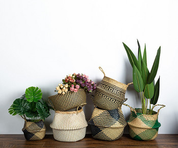 WHISM Ръчно изработена кошница за съхранение от морска трева Саксия за цветя Ратанов контейнер Играчки Органайзер Държач Кошница за пране Домашен декор Дропшиппинг