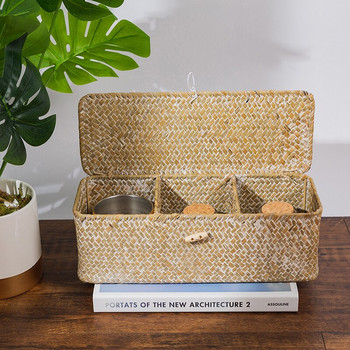 WHISM 3 Решетка, ръчно изработена ратанова кутия за съхранение, слама, настолна организация, кошница за съхранение с капак, ретро декор на кутия за съхранение на бижута