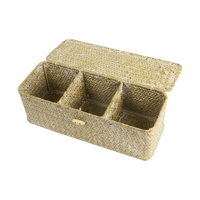 WHISM 3 tinklelis rankų darbo rotango laikymo dėžutė šiaudų stalinio kompiuterio laikymo krepšelis su dangteliu vintažinių papuošalų laikymo dėklo dekoru