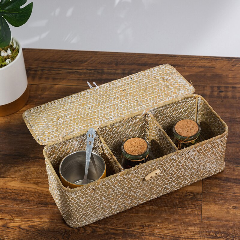 WHISM 3 tinklelis rankų darbo rotango laikymo dėžutė šiaudų stalinio kompiuterio laikymo krepšelis su dangteliu vintažinių papuošalų laikymo dėklo dekoru