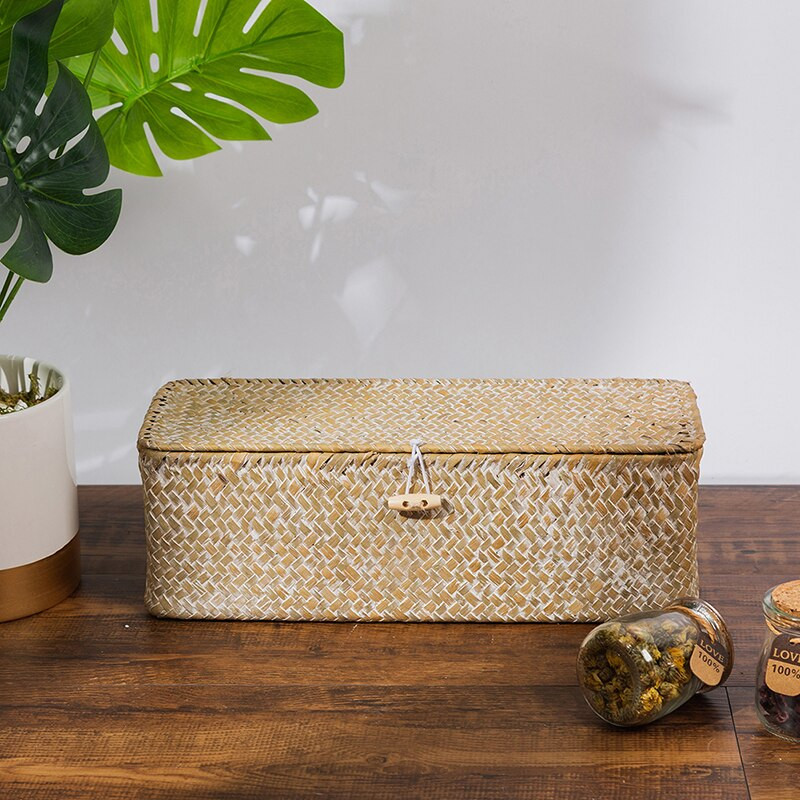 WHISM 3 tinklelis rankų darbo rotango laikymo dėžutė šiaudų stalinio kompiuterio laikymo krepšelis su dangteliu vintažinių papuošalų laikymo dėklo dekoru