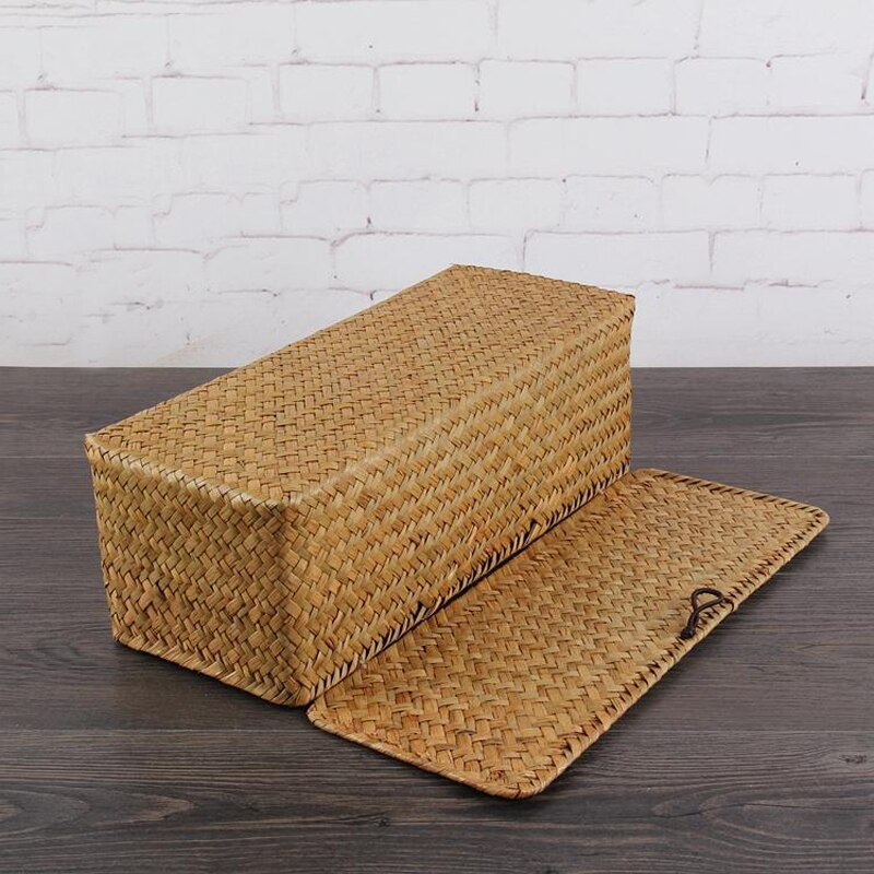 WHISM 3 tinklelis rankų darbo rotango laikymo dėžutė šiaudų stalinio kompiuterio laikymo krepšelis su dangteliu vintažinių papuošalų laikymo dėklo dekoru