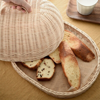 Ръчно тъкана ратанова кошница за хляб, храна, плодове, зеленчуци, сервиращи кошници с прахоустойчив капак, килер, органайзер за кухня
