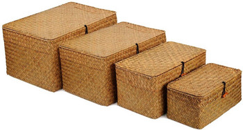 Кутия за съхранение с ръчно тъкана морска трева Mulitisize с капак Кутия за кошница от ракита Настолен органайзер за гримове Многофункционални контейнери Органайзери