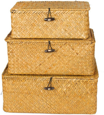Кутия за съхранение с ръчно тъкана морска трева Mulitisize с капак Кутия за кошница от ракита Настолен органайзер за гримове Многофункционални контейнери Органайзери