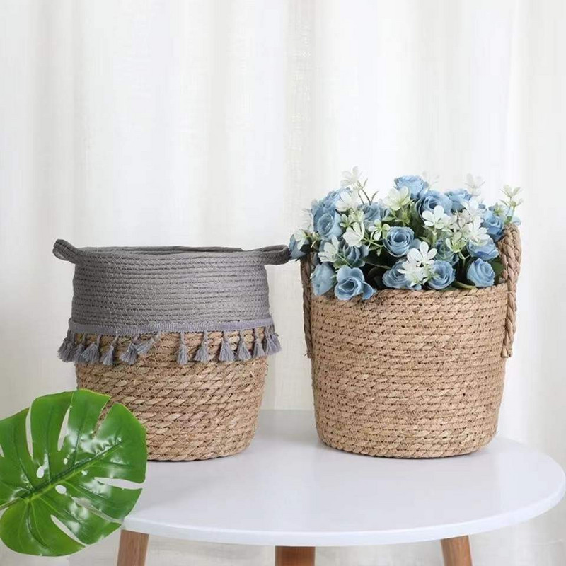 Természetes virág ültető edény tengeri fű fonott kosár ruhanemű tároló kosarak játéktartók otthoni kert dekoráció