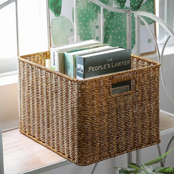 Домашно плетена кошница за съхранение Правоъгълна ратанова кошница с дръжка Органайзери за съхранение Шкаф за дрехи Играчки Органайзер за разни вещи