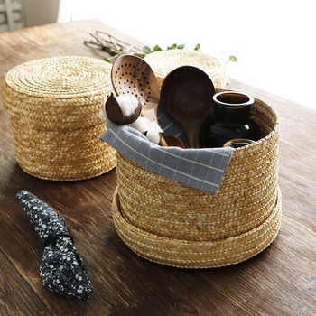 Ръчно изработена сламена плетена кошница за съхранение с капак Органайзер за закуски Кутия за съхранение Кошници за пране Ратанова кошница за съхранение Цветя