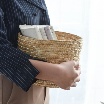 Ръчно изработена сламена плетена кошница за съхранение с капак Органайзер за закуски Кутия за съхранение Кошници за пране Ратанова кошница за съхранение Цветя