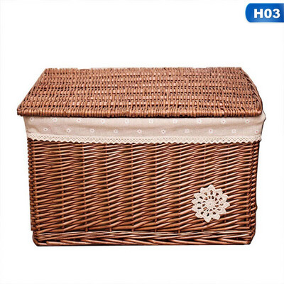 Rattan tárolókosár Retro, kézzel szőtt fonott tárolókosár Többcélú tartály fedéllel asztali otthoni dekorációhoz