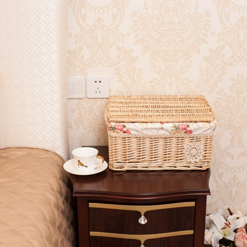 Rattan tárolókosár Retro, kézzel szőtt fonott tárolókosár Többcélú tartály fedéllel asztali otthoni dekorációhoz