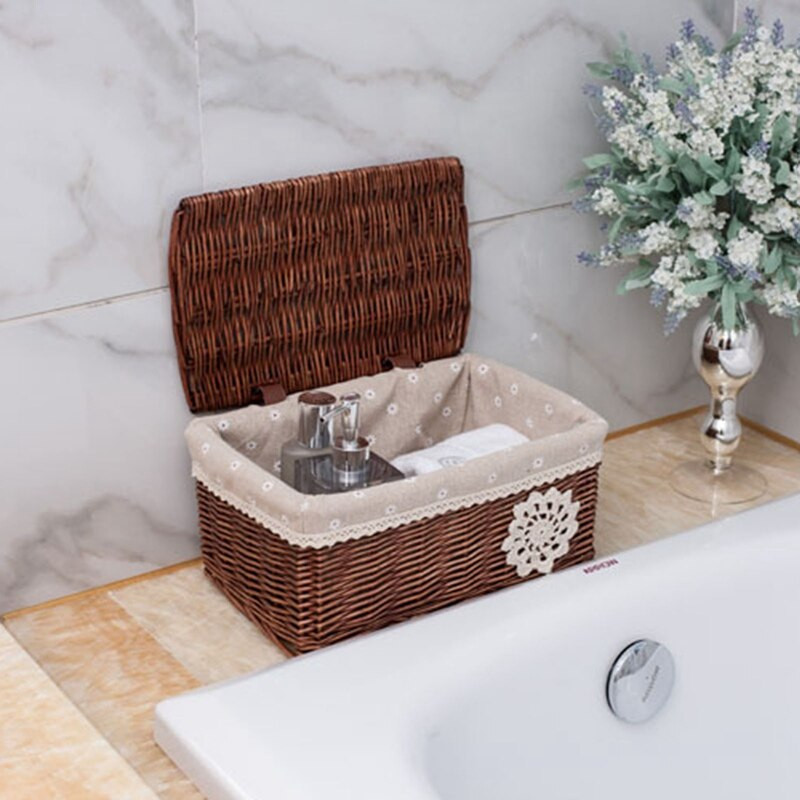 Rattan tárolókosár Retro, kézzel szőtt fonott tárolókosár Többcélú tartály fedéllel asztali otthoni dekorációhoz