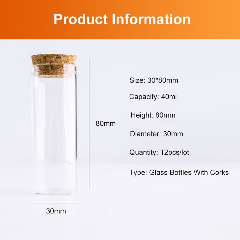 12 tk 30 * 80 mm 40 ml säilitusklaasist pudelid korgikorgiga pisikesed pudelipurgi mahutid klaasist maitseaineviaalid käsitööna valmistatud väikesed purgid