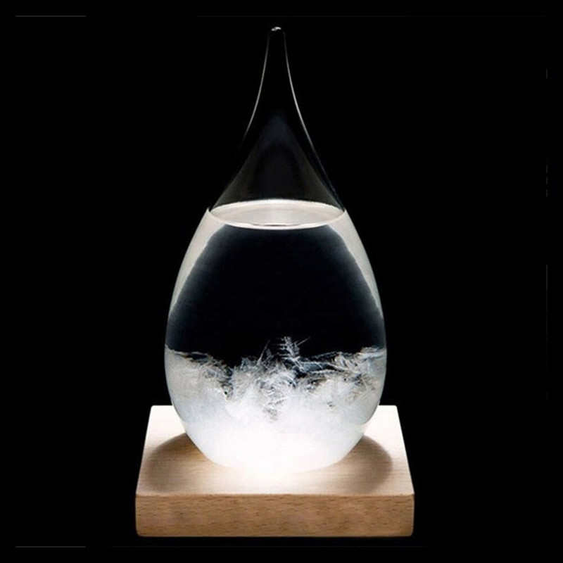 Mini stalinio kompiuterio lašelių audros stiklinio butelio orų prognozės prognozės monitoriaus barometras su mediniu pagrindu namų stalviršio apdaila