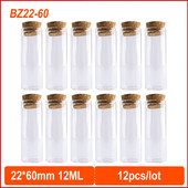 12db 12ml-es barkácsolás mini üvegpalackok parafa dugós 22*60mm-es kémcső fűszeres üvegek kis átlátszó ajándék tartály
