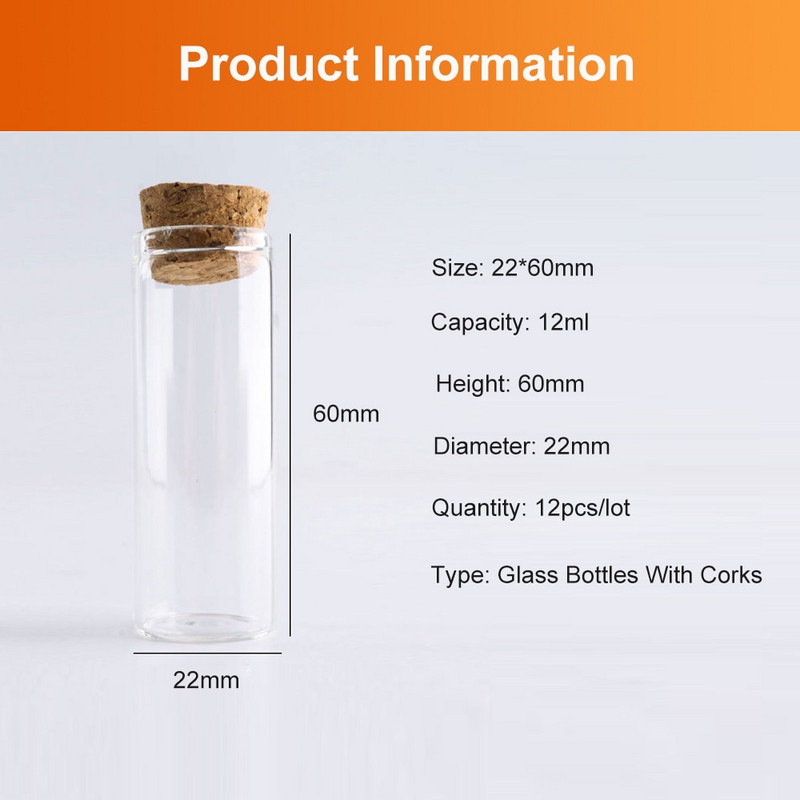 12db 12ml-es barkácsolás mini üvegpalackok parafa dugós 22*60mm-es kémcső fűszeres üvegek kis átlátszó ajándék tartály