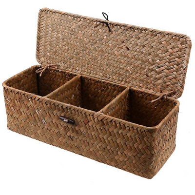 3 rácsos, kézzel készített rattan tárolódoboz fedéllel szalma asztali szervezet Tárolókosarak Vintage ékszer kozmetikai tárolódobozok