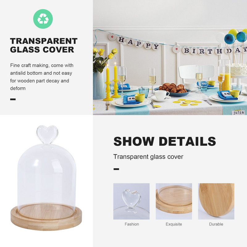 Skaidrus konservuotų gėlių stiklo dangtelis Džiovintų gėlių ekrano stiklo dangtelis „Pasidaryk pats“ stiklo dangtelis Mylintis širdies stiklo kupolas su medžio pagrindu