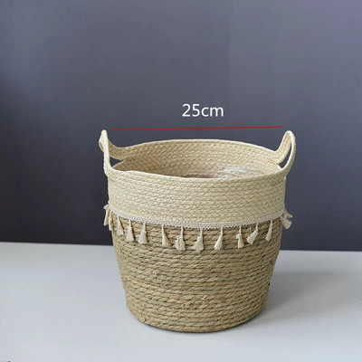 Kézzel készített szalma mosodai piknik játék tároló kosár bojt makrém szőtt virágcserép növénytartó edény otthoni kert dekoráció