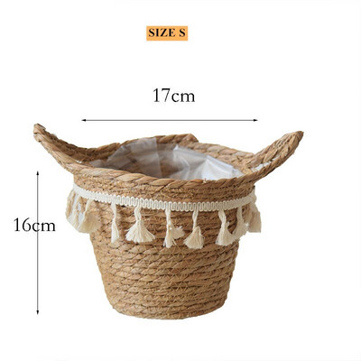 Kézzel készített szalma mosodai piknik játék tároló kosár bojt makrém szőtt virágcserép növénytartó edény otthoni kert dekoráció
