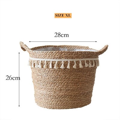 Kézzel készített szalma mosodai piknik játék tároló kosár bojt makrém szőtt virágcserép növénytartó edény otthoni kert dekoráció