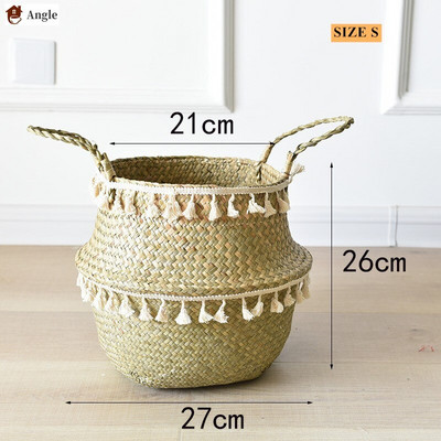 Kézzel készített szalma mosodai piknik játék tároló kosár bojt makrém szőtt virágcserép növénytartó edény otthoni kert dekoráció