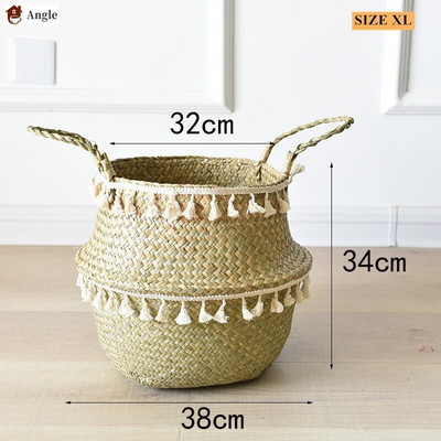 Kézzel készített szalma mosodai piknik játék tároló kosár bojt makrém szőtt virágcserép növénytartó edény otthoni kert dekoráció