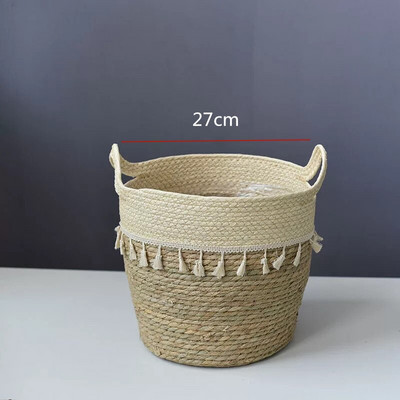 Kézzel készített szalma mosodai piknik játék tároló kosár bojt makrém szőtt virágcserép növénytartó edény otthoni kert dekoráció