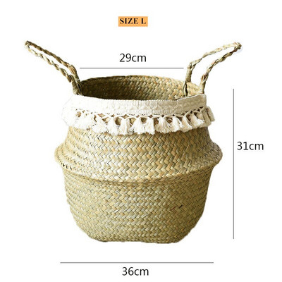 Kézzel készített szalma mosodai piknik játék tároló kosár bojt makrém szőtt virágcserép növénytartó edény otthoni kert dekoráció