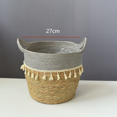 Kézzel készített szalma mosodai piknik játék tároló kosár bojt makrém szőtt virágcserép növénytartó edény otthoni kert dekoráció