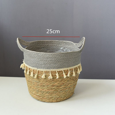 Kézzel készített szalma mosodai piknik játék tároló kosár bojt makrém szőtt virágcserép növénytartó edény otthoni kert dekoráció