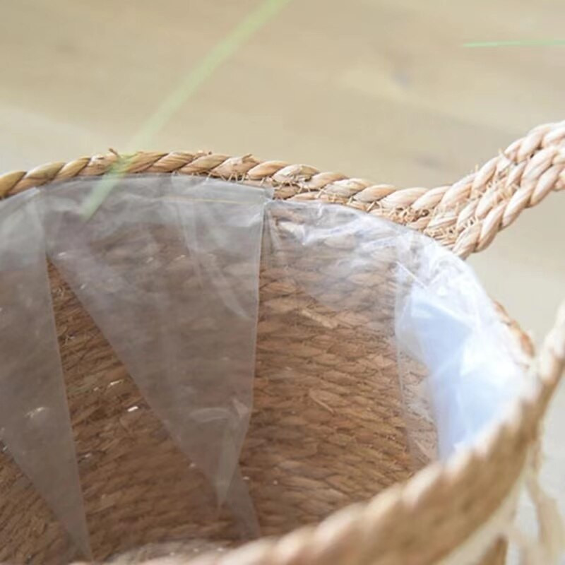 Kézzel készített szalma mosodai piknik játék tároló kosár bojt makrém szőtt virágcserép növénytartó edény otthoni kert dekoráció