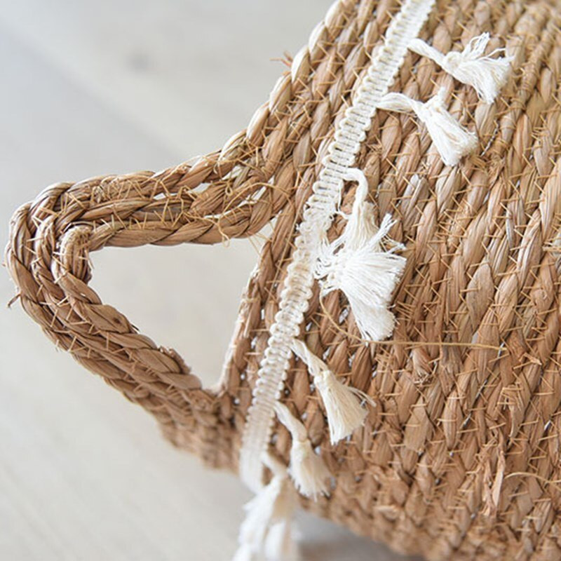 Kézzel készített szalma mosodai piknik játék tároló kosár bojt makrém szőtt virágcserép növénytartó edény otthoni kert dekoráció