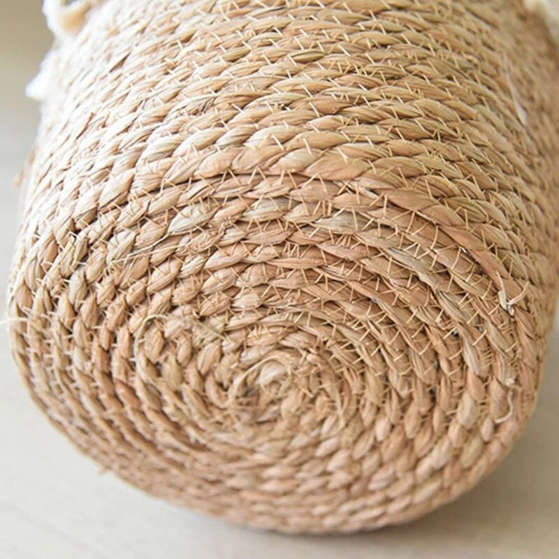 Kézzel készített szalma mosodai piknik játék tároló kosár bojt makrém szőtt virágcserép növénytartó edény otthoni kert dekoráció