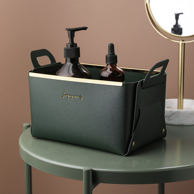 1 db bőr PU asztali tárolódoboz Kreatív összecsukható kozmetikai doboz fogantyúval Otthoni rendszerező vízálló fürdőszobai tárolódoboz