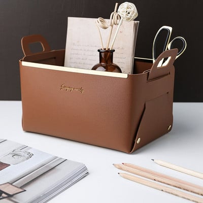 1 db bőr PU asztali tárolódoboz Kreatív összecsukható kozmetikai doboz fogantyúval Otthoni rendszerező vízálló fürdőszobai tárolódoboz