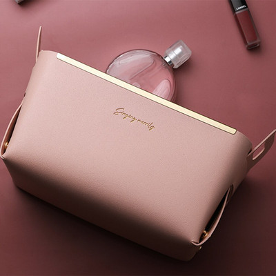 1 db bőr PU asztali tárolódoboz Kreatív összecsukható kozmetikai doboz fogantyúval Otthoni rendszerező vízálló fürdőszobai tárolódoboz