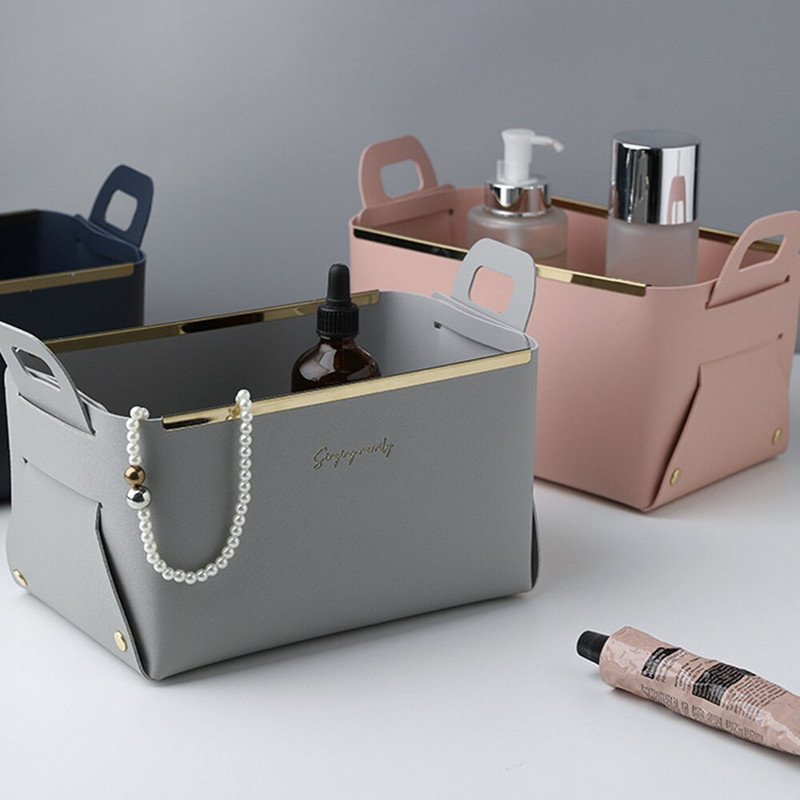 1 db bőr PU asztali tárolódoboz Kreatív összecsukható kozmetikai doboz fogantyúval Otthoni rendszerező vízálló fürdőszobai tárolódoboz