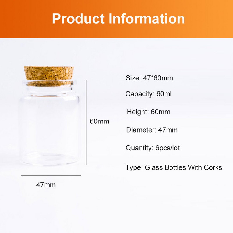 60ml 47*60mm staklene boce s plutom za pohranjivanje posuda za staklenke za začine Prozirne boce za hranu Ekološke DIY zanatske boce 6kom