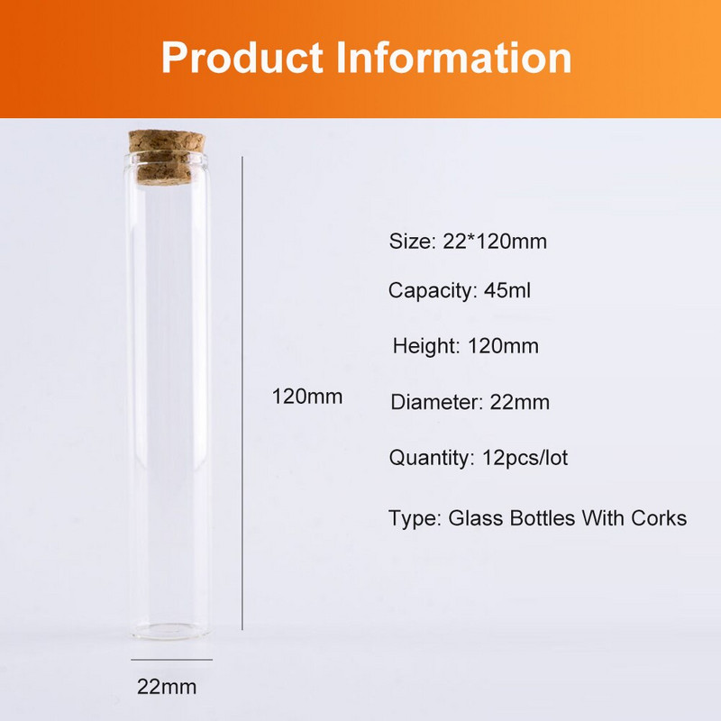 22x120mm-es 45ml-es Üres Üveg Átlátszó Palackok Parafadugós Üvegfiolák Üvegek Tárolópalackok Kémcsöves üvegek 12db/tétel