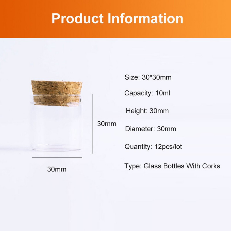 12 komada 30*30 mm 10 ml malih praznih prozirnih staklenih bočica s plutenim bočicama za pohranu, ukrasna bočica za obrt